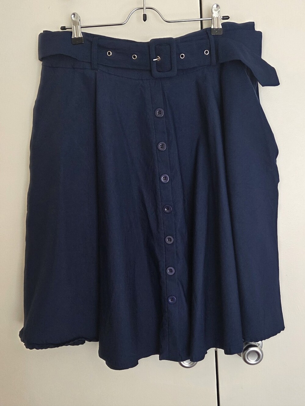 High-Waist Navy Button-Front Skater Skirt with Belt